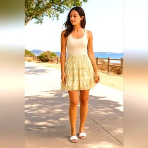 Lauren Conrad XS Short Tiered Yellow Skirt Floral Sheer A-Line Ruffles Shimmer